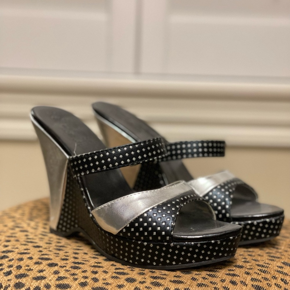 Bebe Sport silver and black slip on wedges. Size 7.